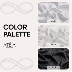 May include: Color palette with three fabric swatches. The swatches are white, ivory, and black. The text 'COLOR PALETTE' is displayed in black text. The text 'ATEÎA ATELIER' is displayed in black text.