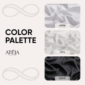 May include: Color palette featuring fabric swatches in white, ivory, and black.  The text 'COLOR PALETTE' is displayed prominently, along with the brand name 'ATEÎA ATELIER'. Each swatch shows the texture of the fabric.  The colors are clearly labeled: white, ivory, and black.