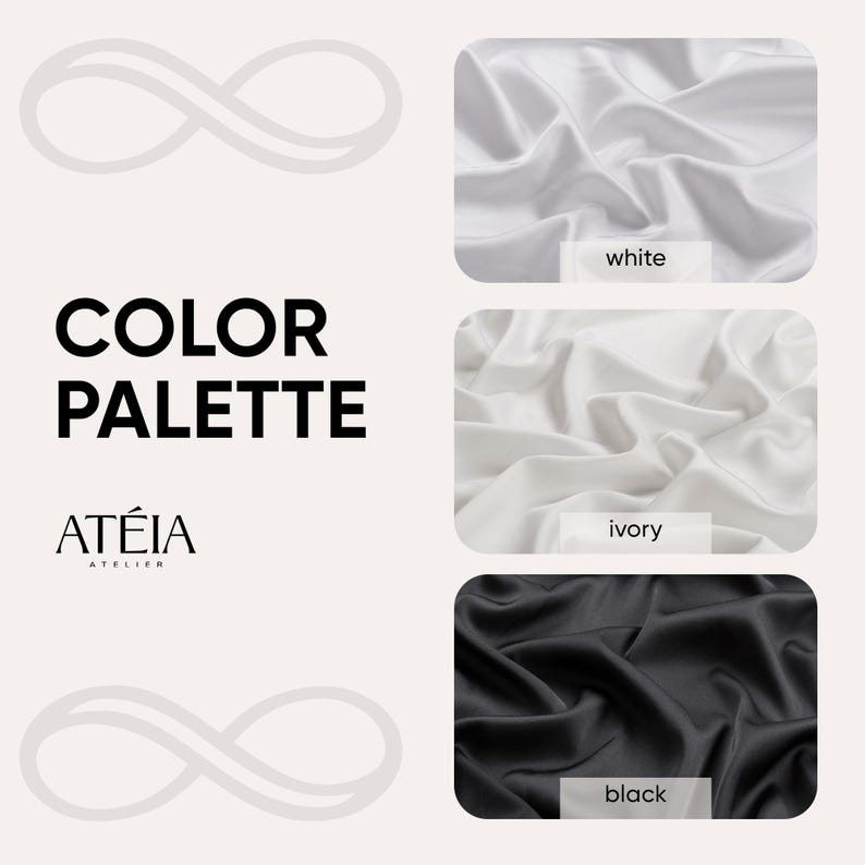 May include: Color palette featuring fabric swatches in white, ivory, and black.  The text 'COLOR PALETTE' is displayed prominently, along with the brand name 'ATEÎA ATELIER'. Each swatch shows the texture of the fabric.  The colors are clearly labeled: white, ivory, and black.
