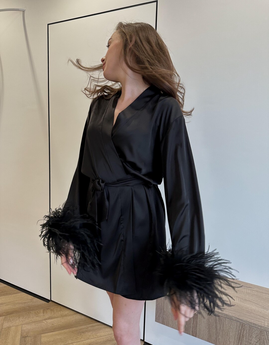 Black Ostrich Feather Robe: Detachable Feather Sleeves, Bridal Boudoir ...