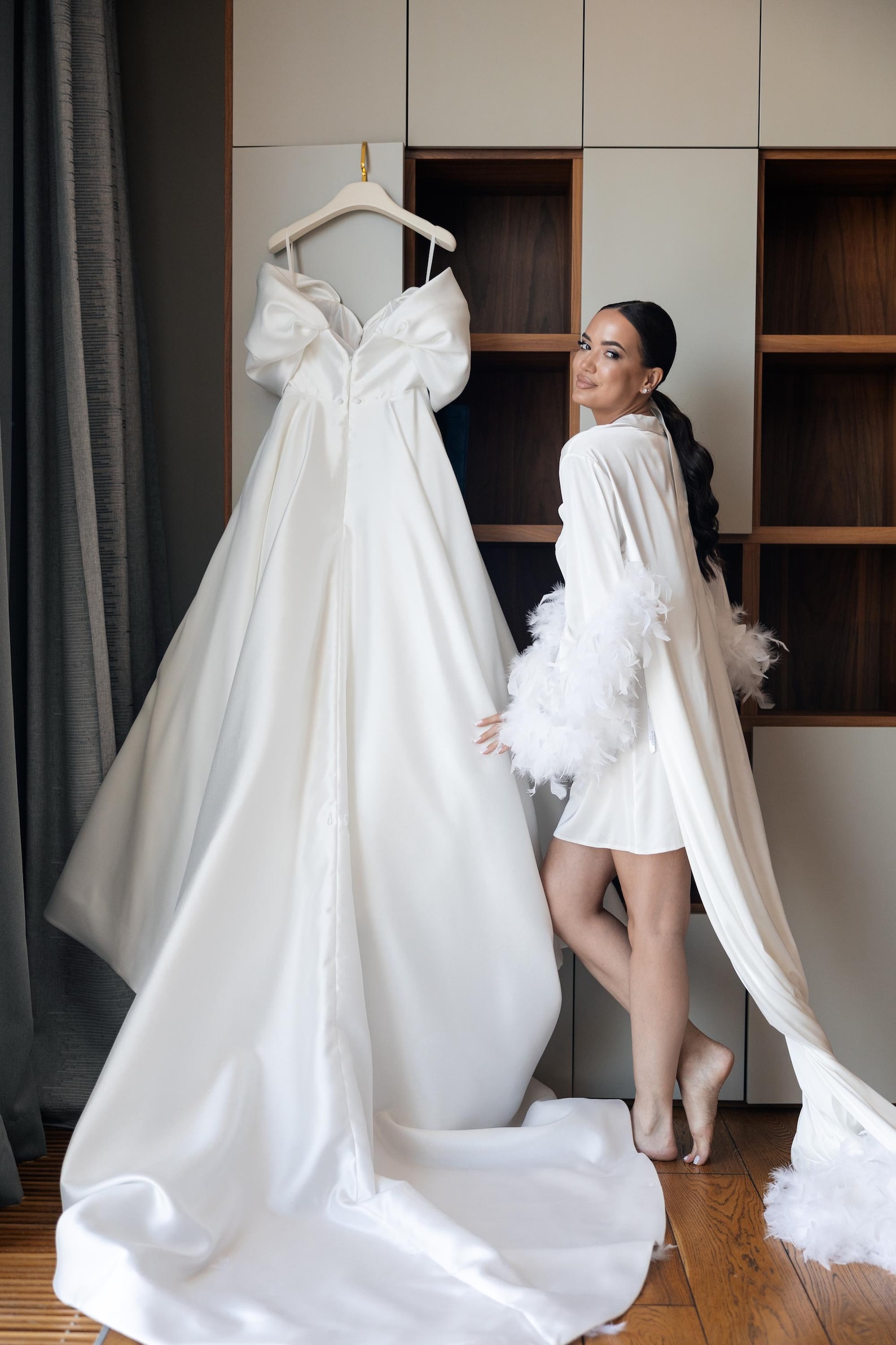White Satin Bridal Robe With Train and Feathers - Handmade - Etsy