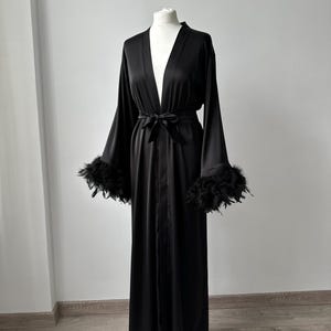 Black Satin Robe with Feather Sleeves: Handmade Silk Kimono Style