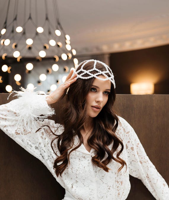 Crochet Pearl Bridal Headpiece: Ivory Beaded Wedding Accessory - Etsy