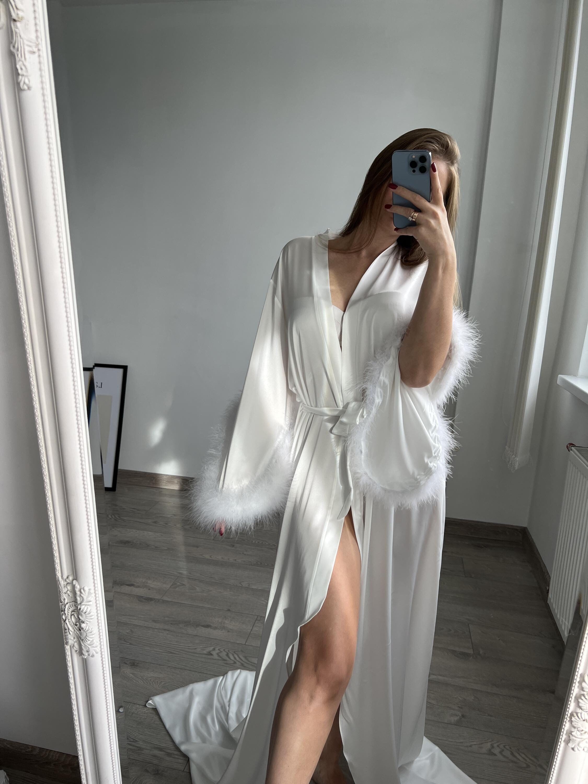 Feather Bridal Robe with Train: Handmade Silk Boudoir Gown