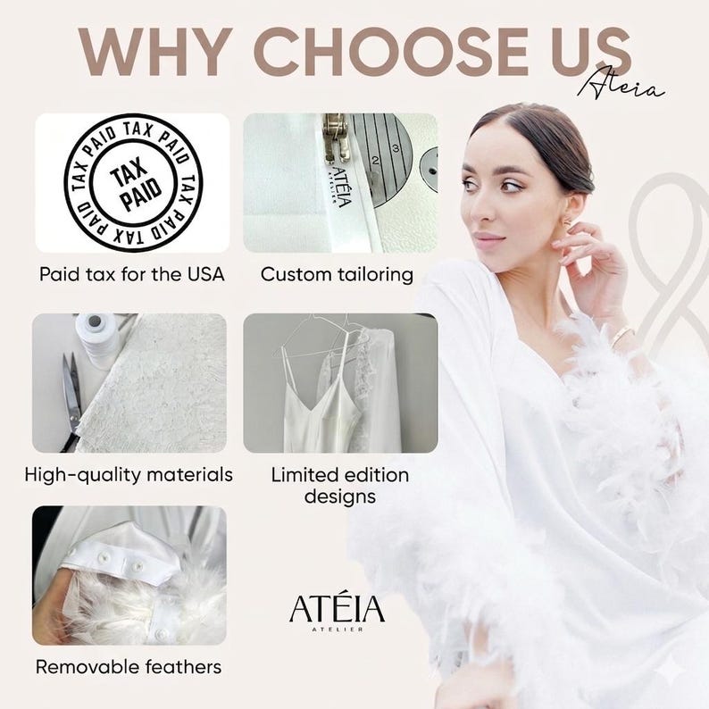 Pode incluir: Um an&uacute;ncio com o texto "WHY CHOOSE US" e a marca "AT&Eacute;IA". A imagem mostra as caracter&iacute;sticas do produto: imposto pago, alfaiataria sob medida, materiais de alta qualidade, designs de edi&ccedil;&atilde;o limitada e penas remov&iacute;veis. Uma mulher est&aacute; vestindo um roup&atilde;o branco.