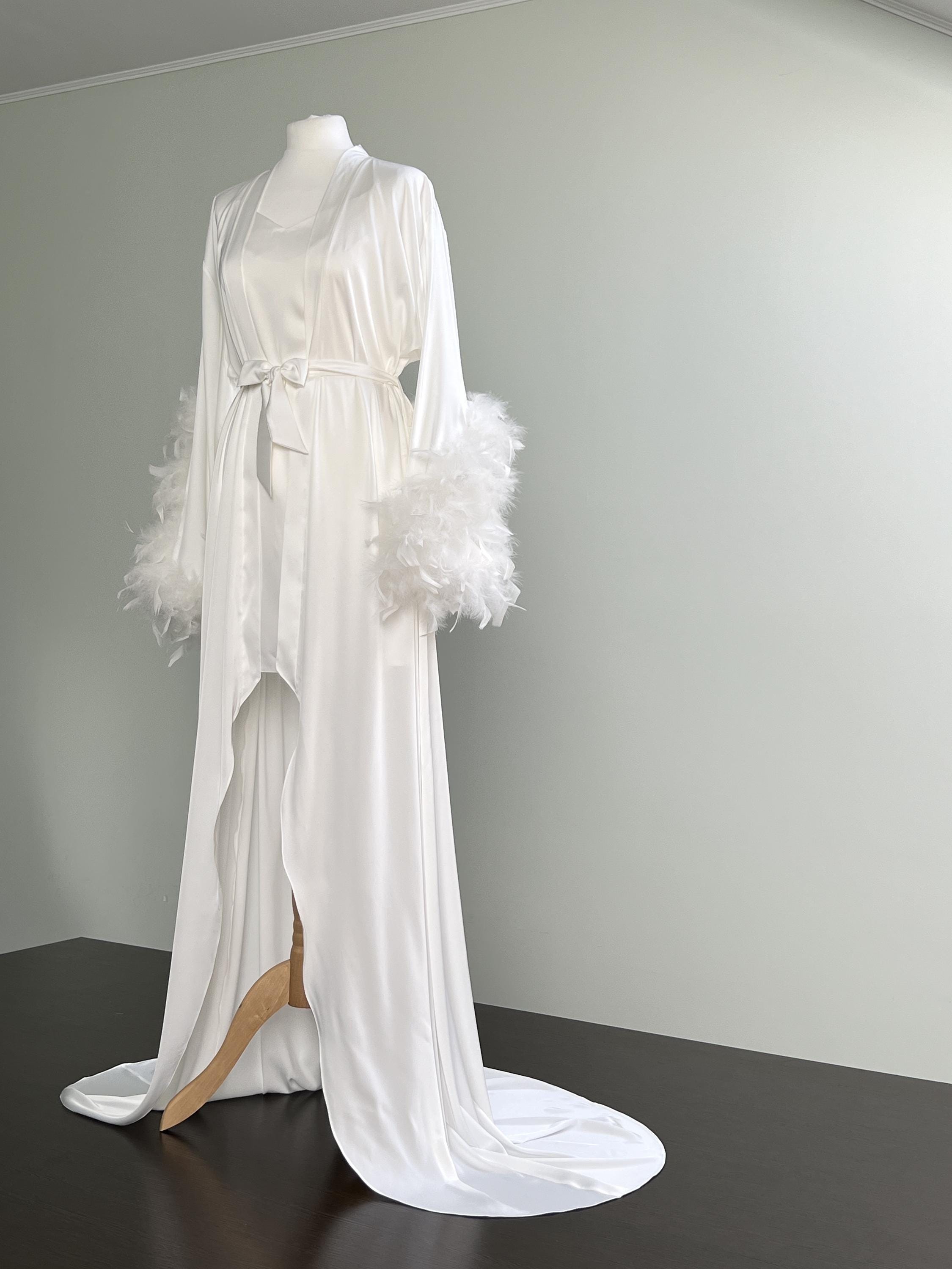 Ivory Silk Bridal Robe With Train & Detachable Feathers - Handmade ...