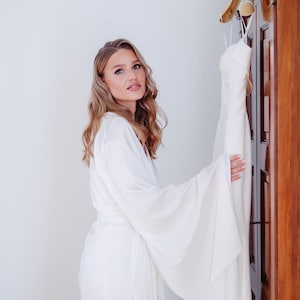 Ivory Bridal robe with long sleeves, Getting ready outfits for bride, Kimono wide sleeve, Floor length robe, Long satin robe, flowing robe