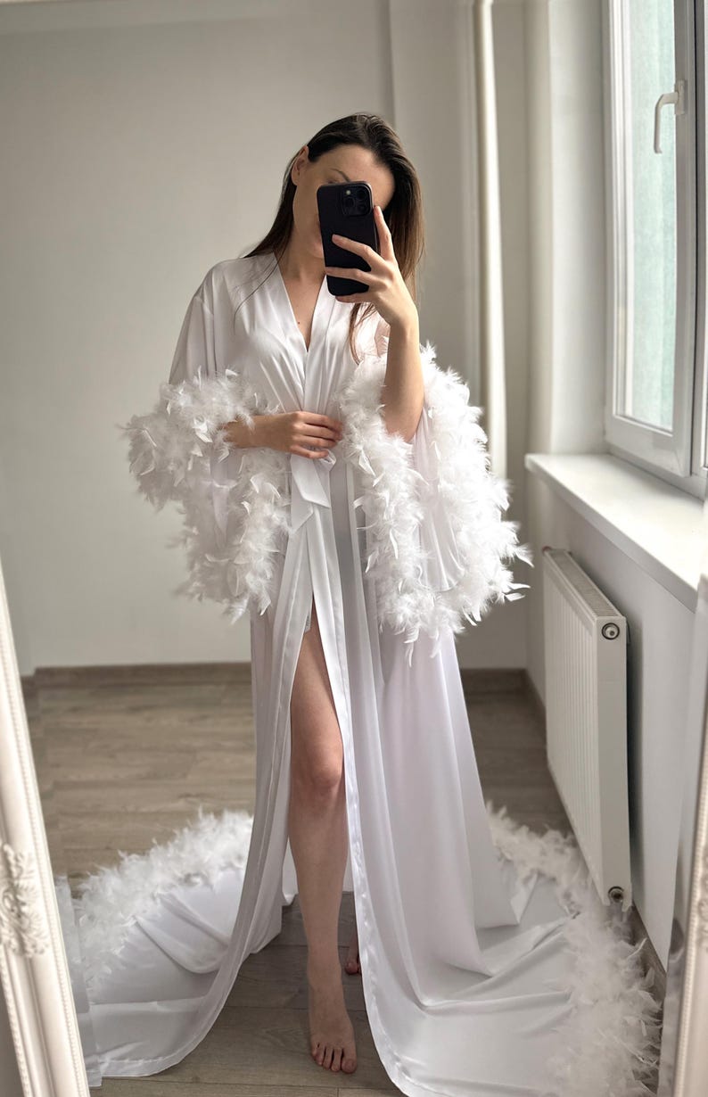 White Satin Bridal Robe With Train and Feathers - Handmade - Etsy