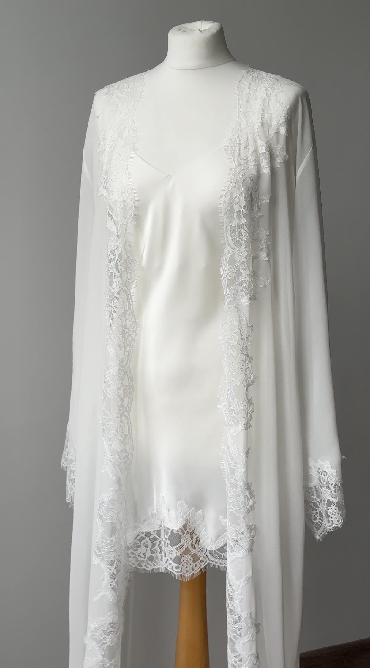 Ivory Bridal Set – Chiffon Lace Robe, Satin Slip Dress | Wedding ...
