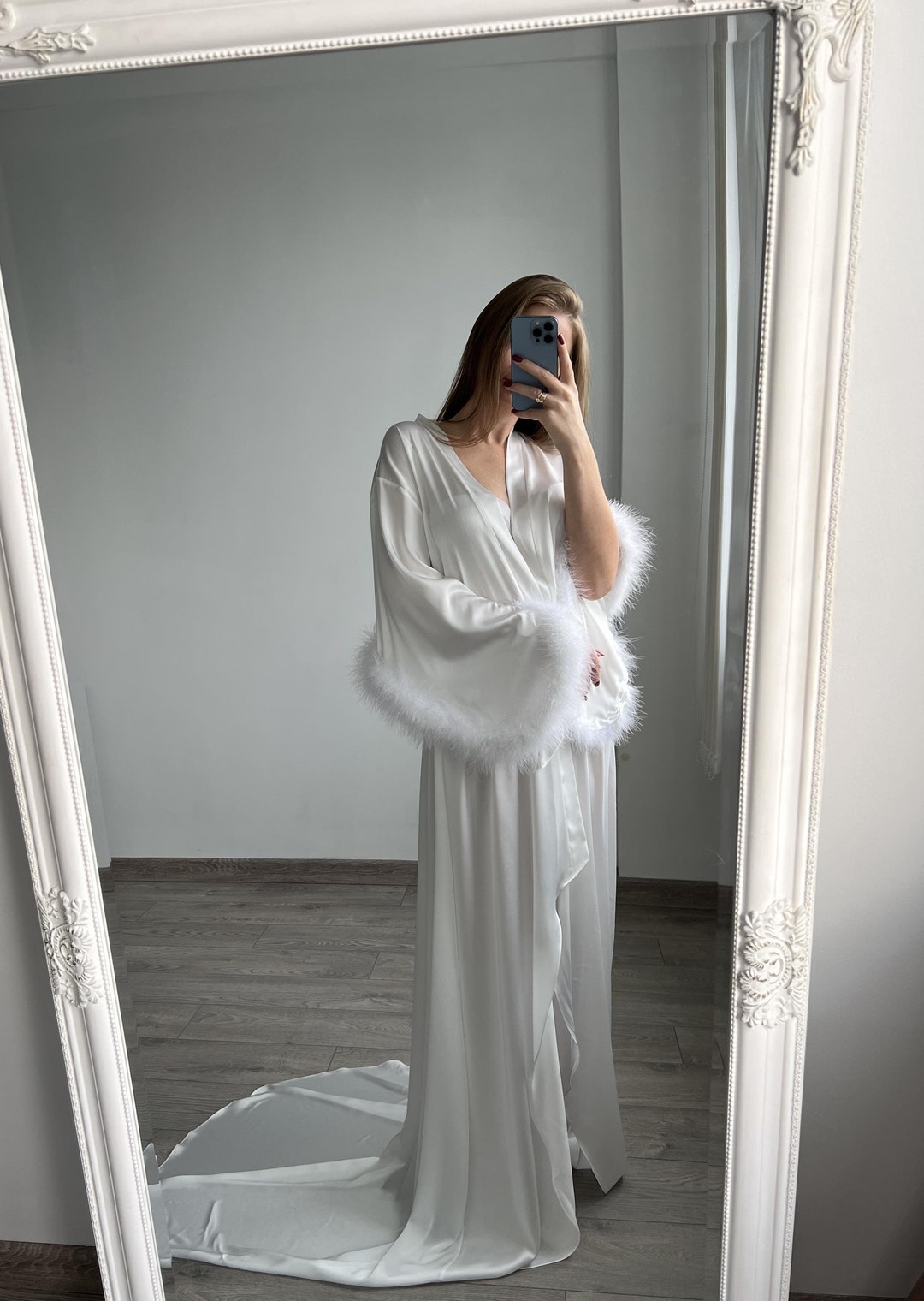 Silk Bridal Robe With Train, Boudoir Robe With Feather Sleeves ...