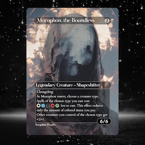 May include: A Magic: The Gathering card featuring "Morophon, the Boundless." The card has a dark, abstract illustration of a figure with a blurred face. Text includes creature type, abilities, and power/toughness stats. The background is a starry night.