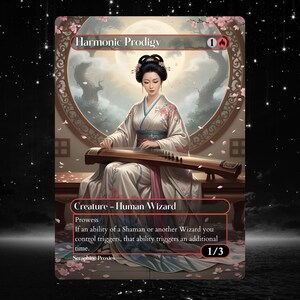 May include: A trading card featuring a woman in a kimono playing a stringed instrument. The card is titled "Harmonic Prodigy" and includes the text "Creature - Human Wizard" and "Prowess". The card has a 1/3 power and toughness.