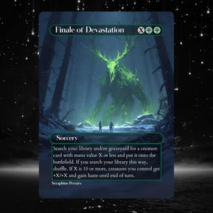 May include: A fantasy card with the title "Finale of Devastation" and a green, monstrous figure in a forest. The card includes game instructions and the word "Sorcery". The artwork shows a large, glowing creature with a deer-like skull.