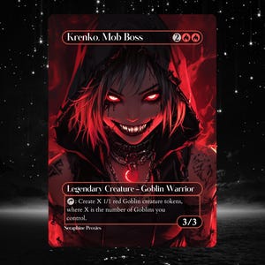 May include: A red and black illustrated card with the text "Krenko, Mob Boss" and "Legendary Creature - Goblin Warrior". The card has a red mana symbol and a black mana symbol in the top right corner. The card has a red goblin creature with red eyes and a menacing grin. The card has the text "Create X 1/1 red Goblin creature tokens, where X is the number of Goblins you control." and "3/3".