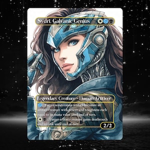 Puede incluir: Una carta de arte de fantasía con Sydri, Genio Galvánico. La carta representa a una mujer con ojos azules y cabello castaño, que lleva un casco y una armadura robótica azules y plateados. El texto de la carta dice "Criatura Legendaria - Artífice Humano".