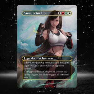 Peut inclure: Carte d'art fantastique intitulée "Annie Joins Up" représentant une femme en haut blanc et gants noirs. La carte a une bordure verte et dorée avec du texte décrivant ses capacités. Le fond est une nuit étoilée.