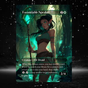 Może przedstawiać: Karta z grafiką fantasy przedstawiająca Elfkę Druidkę z turkusowymi akcentami. Karta zawiera napis "Formidable Speaker" i tekst gry. Grafika przedstawia postać w leśnym otoczeniu, trzymającą świecącą laskę. Moc i wytrzymałość karty to 2/4.