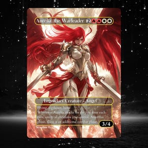 Op de afbeelding: Aurelia, de Oorlogsleider, een legendarisch schepselkaart uit het verzamelkaartspel Magic: The Gathering. De kaart toont een engel met rood haar en vleugels, die twee zwaarden zwaait. De kaarttekst luidt: "Vliegen, Waakzaamheid, haast. Wanneer Aurelia voor de eerste keer in elke beurt aanvalt, tap alle wezens die je controleert, ongetapt. Na deze fase is er een extra gevechtsfase. 3/4."