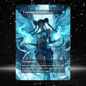 May include: A fantasy art card titled "Training Grounds" features a woman with blue energy wings and glowing blue orbs. The card is an enchantment, with text describing its effect on creature abilities. The background shows a futuristic cityscape.