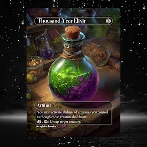 May include: A fantasy-themed card featuring a glass bottle filled with green and purple liquid, labeled "Thousand Year Elixir." The bottle has a cork stopper and is tied with twine. The card text reads "Artifact" and describes its function.