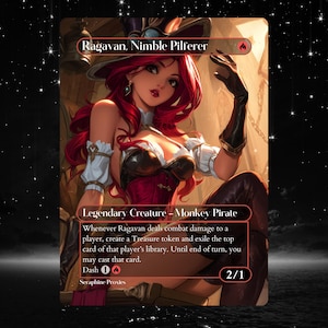 May include: A trading card featuring a stylized illustration of a woman with red hair, wearing a pirate-themed outfit. The card is labeled "Ragavan, Nimble Pilferer" and includes game text. The background is a starry night.
