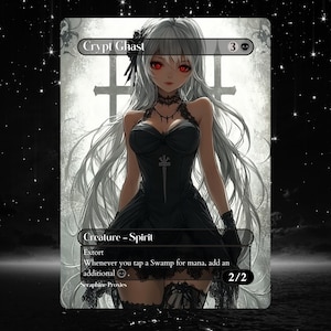 Könnte beinhalten: Eine Schwarzweißillustration einer weiblichen Figur mit langen weißen Haaren und roten Augen. Die Figur trägt ein schwarzes Kleid und eine Halskette. Das Bild ist eine Magic: The Gathering Karte mit dem Text "Crypt Ghast" und "Creature - Spirit".