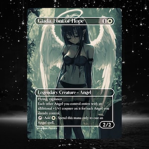May include: A fantasy art card depicting an angel named Giada, Font of Hope. The card is predominantly black and white, with the angel at the centre, framed by white wings and a halo. The card text details the angel's abilities.