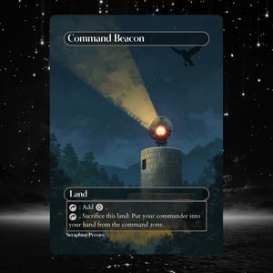May include: A fantasy art card titled "Command Beacon" depicts a stone tower with a bright light shining into the night sky. A bird flies above the tower. The card text reads "Land" and includes game instructions.
