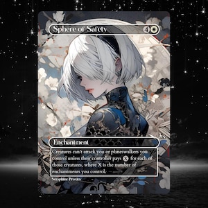 May include: A fantasy art card titled "Sphere of Safety" featuring a woman with white hair and a black outfit. The card has a floral background and the text "Enchantment" with game instructions. The card has a mana cost of 4.