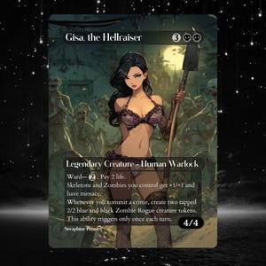 Op de afbeelding: Een fantasiekaart met "Gisa, the Hellraiser", een Legendary Creature - Human Warlock. De illustratie toont een vrouw met een schop, omringd door zombies. De kaart bevat speltekst en een kracht/weerstand van 4/4.