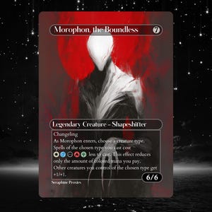May include: A trading card featuring the artwork of "Morophon, the Boundless." The card has a red and black color scheme with a figure in white. The card text includes "Legendary Creature - Shapeshifter" and other game details.