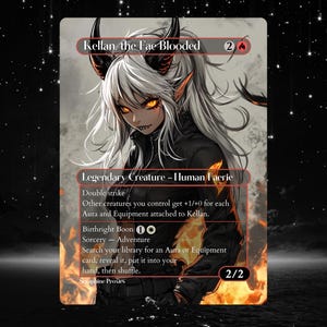 Puede incluir: Una carta de arte de fantasía con "Kellan, the Fae Blooded". La carta representa a un hada humanoide con cabello blanco, cuernos y ojos de color naranja brillante. El texto incluye "Criatura Legendaria - Hada Humana" y mecánicas de juego. El fondo es una noche estrellada.