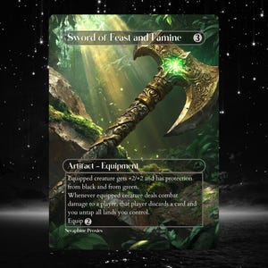 Puede incluir: Carta de fantasía "Sword of Feast and Famine" con una ilustración detallada de un hacha dorada con una gema verde. La carta está etiquetada como "Artifact - Equipment" con texto del juego. El fondo es un exuberante bosque verde.