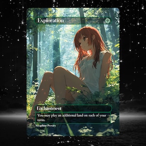 Może przedstawiać: Zielona i biała karta Magic: The Gathering z tekstem "Exploration" i "Zaklęcie". Grafika na karcie przedstawia młodą kobietę z długimi czerwonymi włosami siedzącą w lesie.