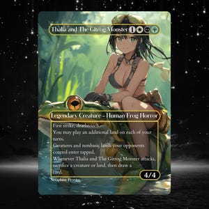 Pode incluir: Um cartão de arte fantástica com "Thalia and The Gitrog Monster". O cartão mostra uma mulher montada em um grande sapo verde. O cartão tem texto descrevendo as habilidades e estatísticas da criatura. O fundo é um ambiente verde exuberante.