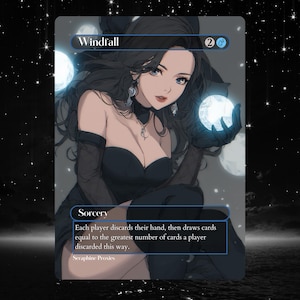 Może przedstawiać: Karta grafiki fantasy zatytułowana "Windfall" przedstawiająca kobietę w czarnej sukni trzymającą świecące kule. Karta zawiera tekst "Sorcery" i instrukcje gry. Grafika ma ciemne, gwieździste tło.