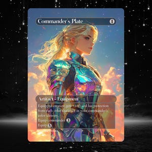 May include: A fantasy art card named "Commander's Plate" depicting a woman in shimmering armour. The card includes the text "Artifact - Equipment" and game instructions. The background shows a sunset with a starry sky.