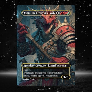 May include: A fantasy card featuring "Ognis, the Dragon's Lash," a red dragon-like creature in armor, holding a weapon. The card text describes the creature as a Legendary Lizard Warrior with Haste and a 3/3 power/toughness. The background is a dark, starry night.