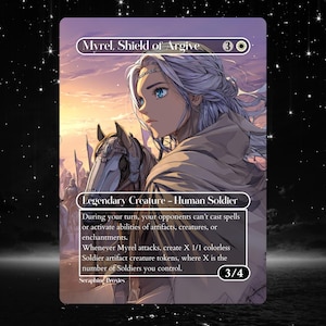 Puede incluir: Una carta de arte de fantasía con Myrel, Escudo de Argive, un legendario Soldado Humano. La obra de arte representa a una mujer con cabello blanco y ojos azules, montada a caballo. La carta tiene una clasificación de poder y resistencia de 3/4.