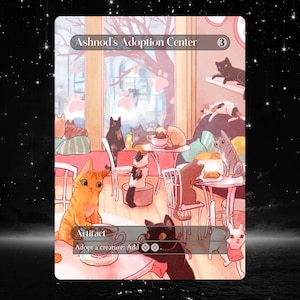 May include: Illustration of a cat adoption center with numerous cats of various colors and patterns. The text "Ashnod's Adoption Center" is at the top. The word "Artifact" is at the bottom, along with other text.