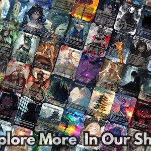 May include: A collection of fantasy art trading cards with various illustrations. The cards feature anime-style characters, landscapes, and abstract designs. The text "Explore More In Our Shop" is at the bottom.