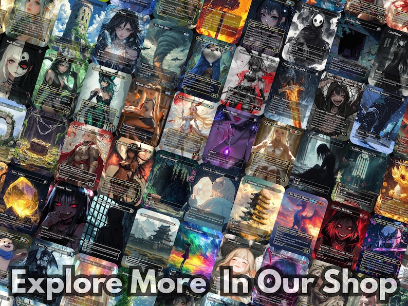 May include: A collection of fantasy art trading cards with various illustrations. The cards feature anime-style characters, landscapes, and abstract designs. The text "Explore More In Our Shop" is at the bottom.