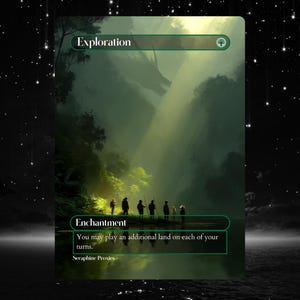 May include: A fantasy art card with the word "Exploration" at the top. The card features a landscape with figures and the word "Enchantment" at the bottom. Text reads "You may play an additional land on each of your turns."