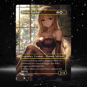 Może przedstawiać: Karta Magic: The Gathering przedstawiająca Teysę Karlov, Legendarną Kreaturę - Ludzkiego Doradcę. Grafika karty przedstawia kobietę z długimi blond włosami i niebieskimi oczami. Karta ma 2/4 mocy/wytrzymałości.