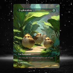 May include: A fantasy art card featuring a lush green forest scene with three small, round birds on a path. The card is labeled "Exploration" and "Enchantment," with text indicating the ability to play an additional land. The artwork has a whimsical, storybook style.