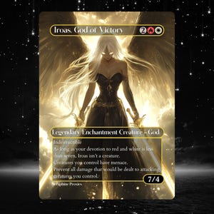 Może przedstawiać: Iroas, Bóg Zwycięstwa, karta z gry Magic: The Gathering przedstawiająca kobietę z białymi włosami i skrzydłami, trzymającą dwa miecze. Tekst karty brzmi: "Niszczenie niemożliwe. Dopóki twoja pobożność dla czerwonego i białego jest mniejsza niż siedem, Iroas nie jest stworzeniem. Stworzenia, którymi kontrolujesz, mają groźbę. Zapobiegaj wszystkim obrażeniom, które zostałyby zadane atakującym stworzeniom, którymi kontrolujesz."