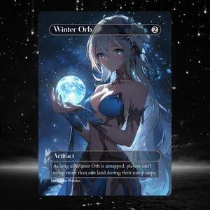 Peut inclure: Une carte d'art fantastique bleue et blanche avec le texte "Winter Orb" et "Artifact" imprimé dessus. La carte présente un orbe bleu et une femme aux longs cheveux blancs.