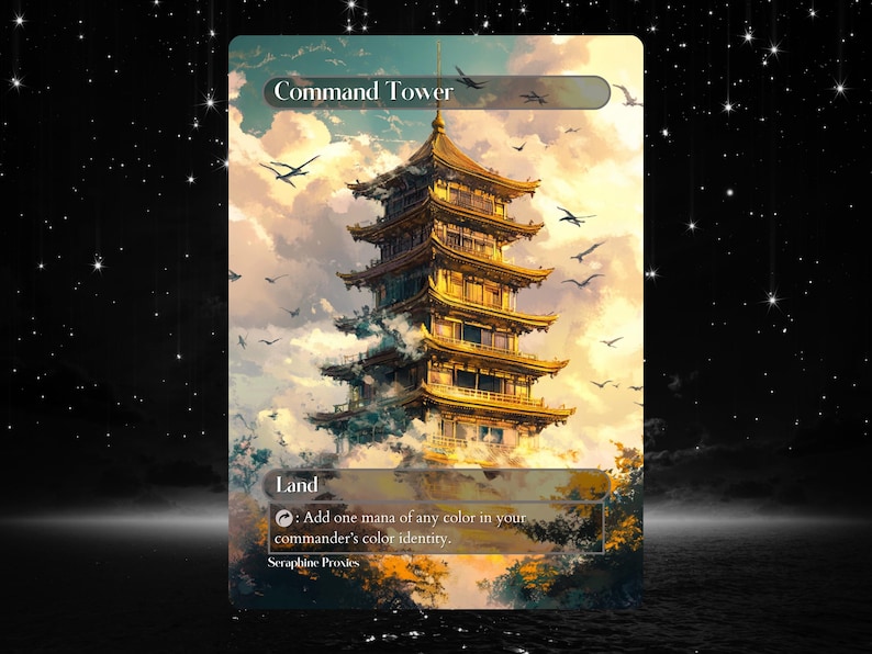 May include: A Magic: The Gathering card depicting a golden pagoda-style tower in the clouds. The card text reads "Command Tower" and "Land: Add one mana of any color in your commander's color identity."