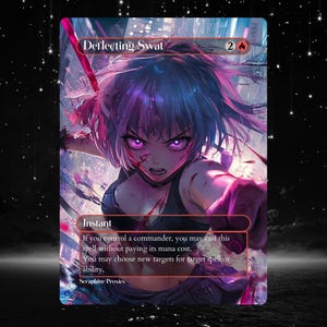 Peut inclure: Une carte de jeu de fantasy avec une femme aux cheveux violets et bleus, aux yeux rouges et une barre rouge sur le visage. La carte est intitulée "Deflecting Swat" et a un coût de mana de 2 mana rouges. Le texte de la carte est "Instant. Si vous contrôlez un commandant, vous pouvez lancer ce sort sans payer son coût de mana. Vous pouvez choisir de nouvelles cibles pour le sort ou la capacité ciblée."