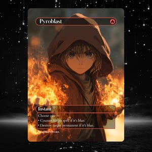 Puede incluir: Una carta de arte de fantasía con una persona con una capa con capucha rodeada de llamas. La carta está etiquetada como "Pyroblast" e incluye texto que describe los efectos de los hechizos. La obra de arte tiene un estilo de pintura digital con un fondo oscuro.